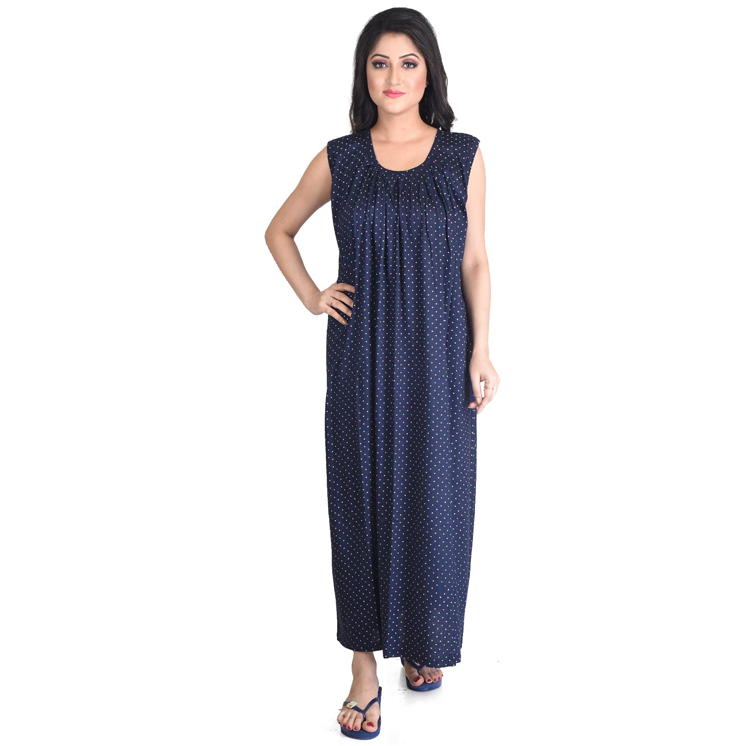 Pure Cotton Sleeveless Dark Blue Knee Length Nighty For Women | Pcw00001326_M-38-image-0