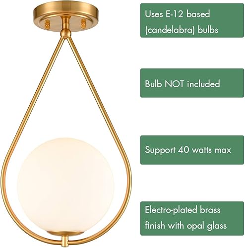 Miniatura 5 de Lámpara de techo industrial de mediados de siglo moderna de latón semi empotrado Lámpara de techo de globo de vidrio de leche de ópalo