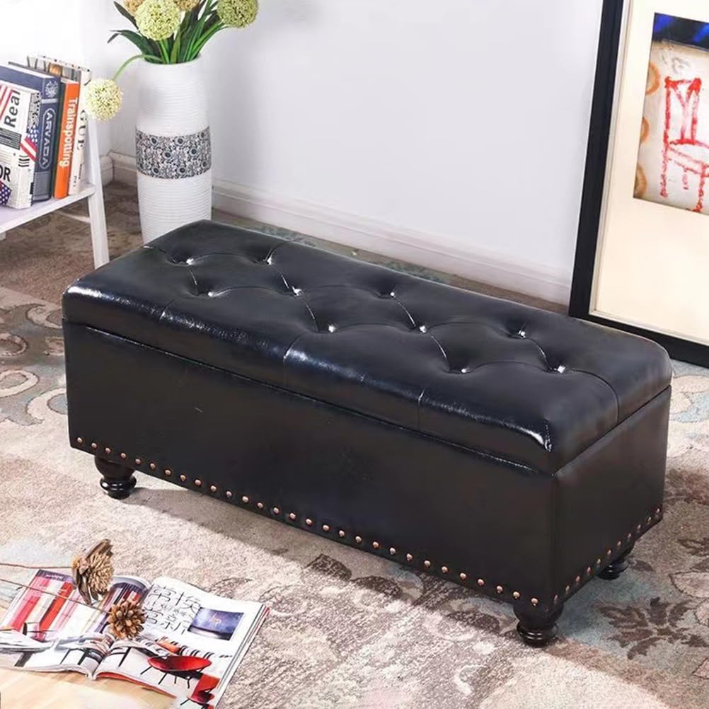 Tabouret de rangement en cuir PU noir 40x40x45cm avec assise en bois massif