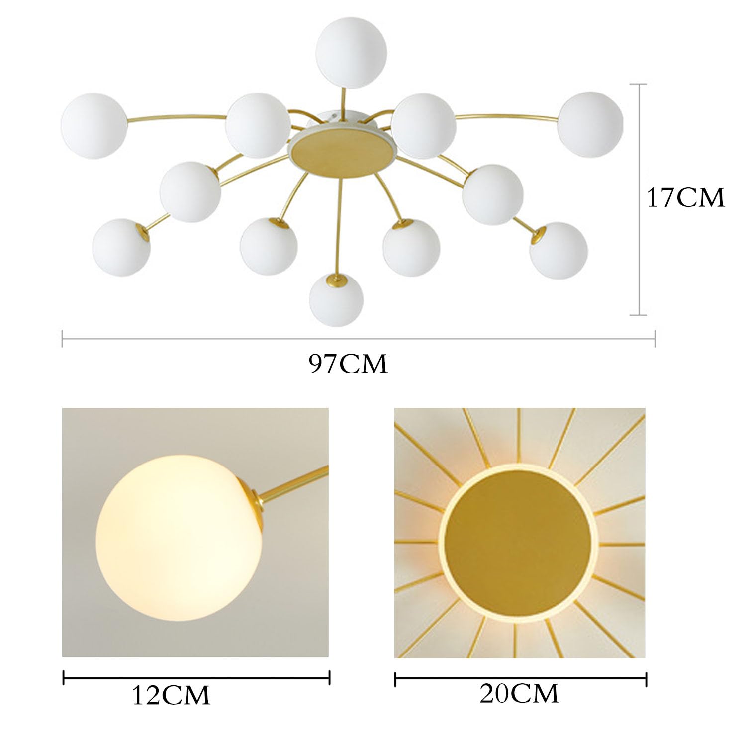 zhxinashu Lampadario oro per Soggiorno,Lampadario Sputnik a 12 Luci | Lampadario Sputnik Mid-Century, Lampadine G9 Non Incluse, Globo in Vetro, Plafoniera Industriale per Camera da Letto