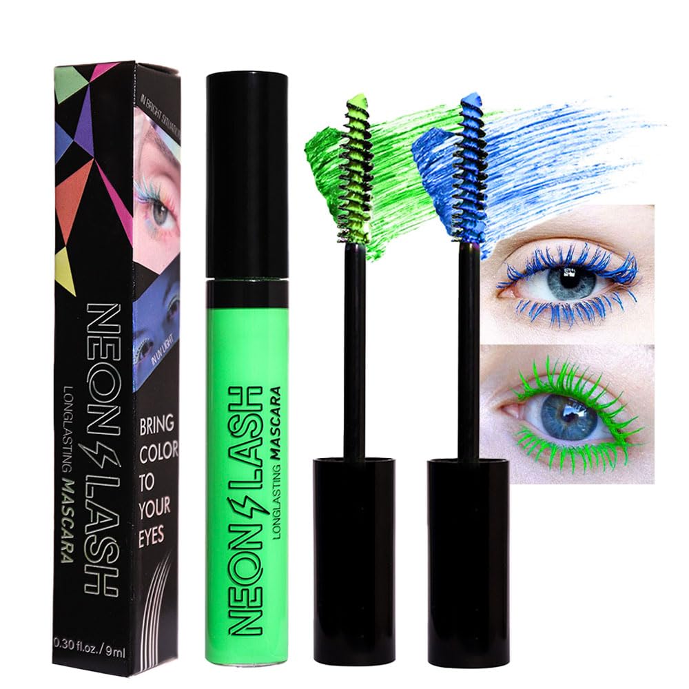 2 Colored Mascara for Eyelashes Set,Blue Green Halloween Fluorescent Colorful Waterproof Long lasting Charming Voluminous Mascara for Women Cruelty