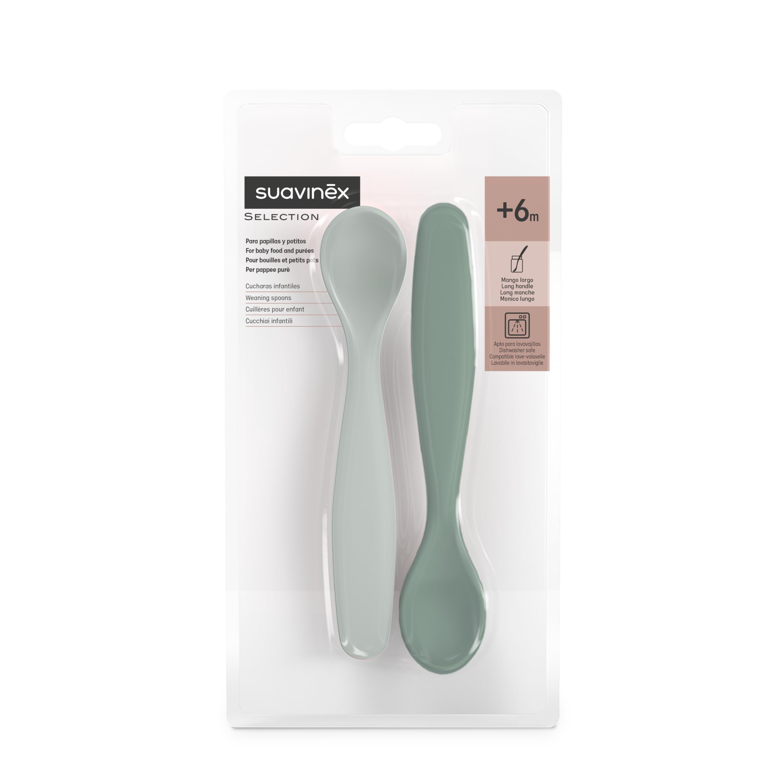 Suavinex, Pack 2 Cucharas para Bebés de Aprendizaje. Cucharas Infantiles. Aptas Encías Sensibles. Con Mango Largo. Ideal Papillas y Potitos. Aptas Lavavajillas. Ergonómicas. Bebés +6 Meses, Verde — view 2