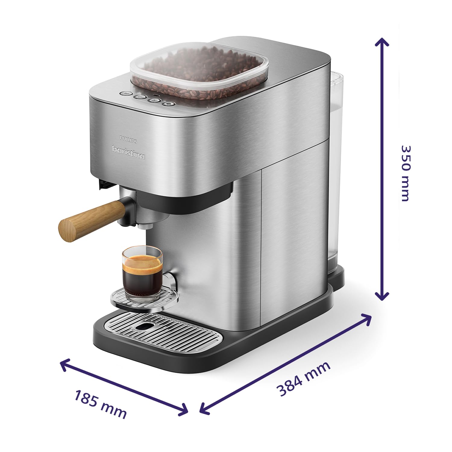 Philips Baristina Machine à espresso, cafetière à grain Métal + Porte-filtre Bois de Frêne, 16 bars, Nettoyage facile, Compacte, Espresso, Lungo, Café glacé (BAR500/00)