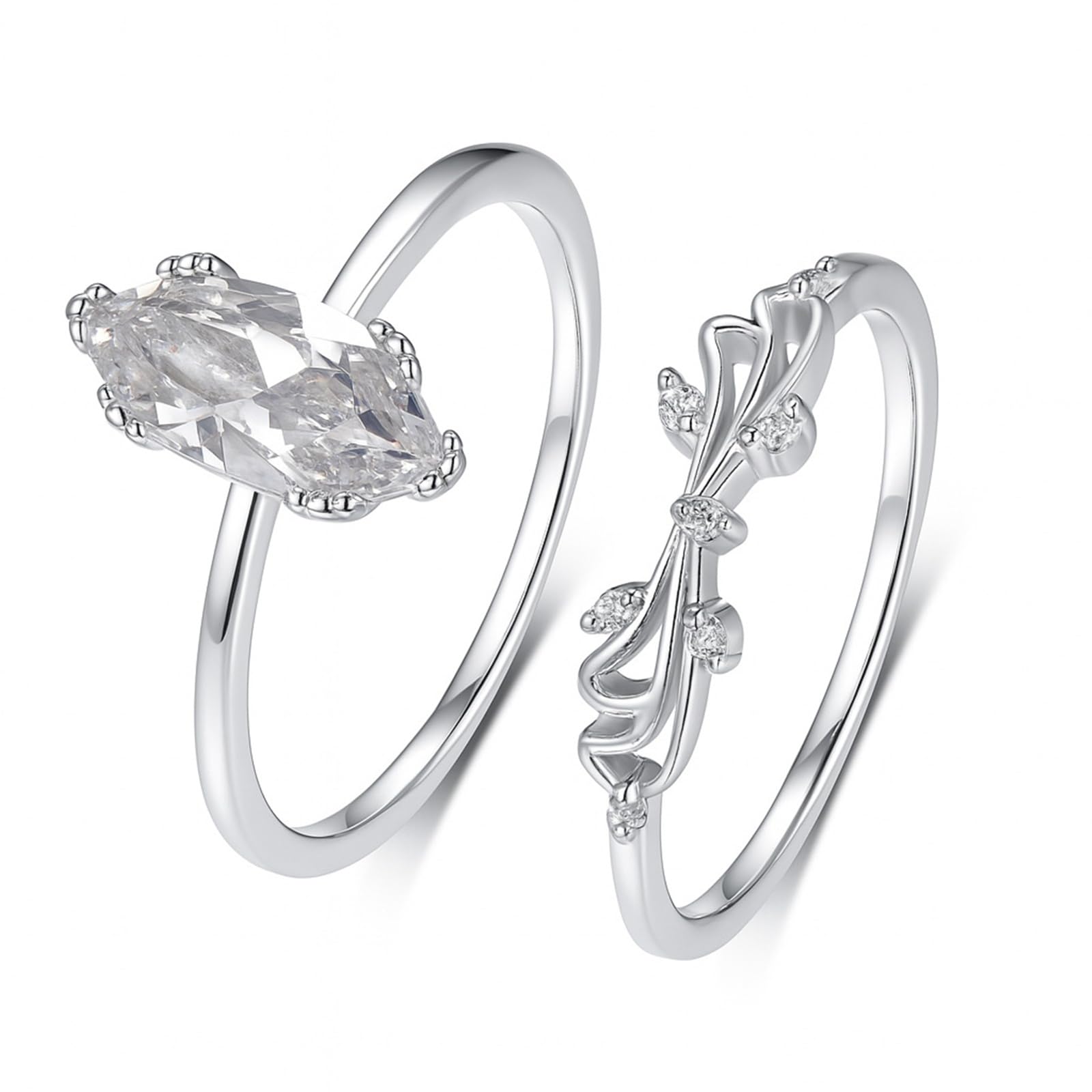 Set di anelli in oro bianco 18 carati da donna, in moissanite marquise impilabile a doppia fascia