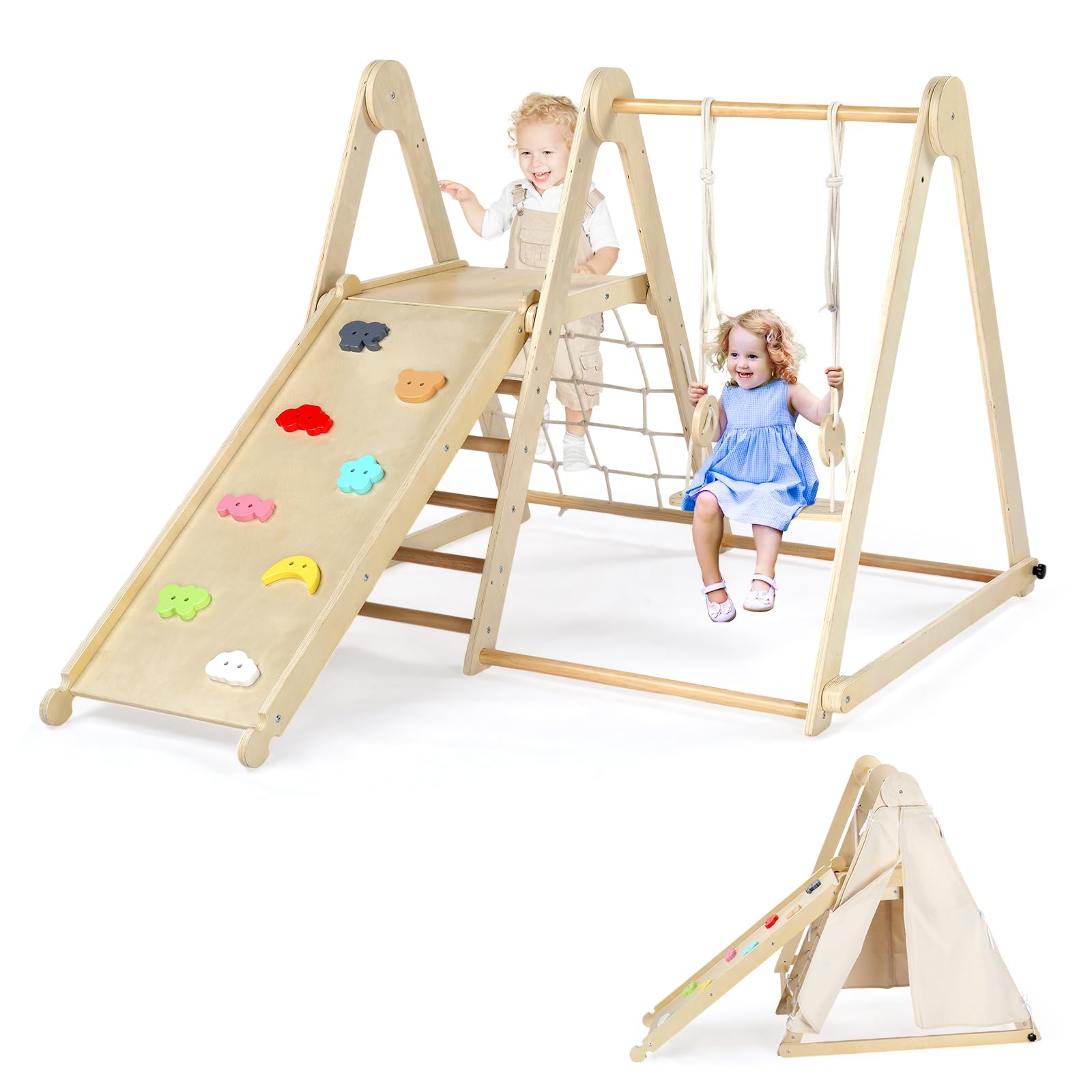 JOYMOR 7-in-1 Indoor Jungle Gym Foldable Climbing Set with Adjustable Swing & Secret Base Playground, Wooden Indoor Gym for Toddlers with Net, Ladder, Colorful-Patterns Rock Wall