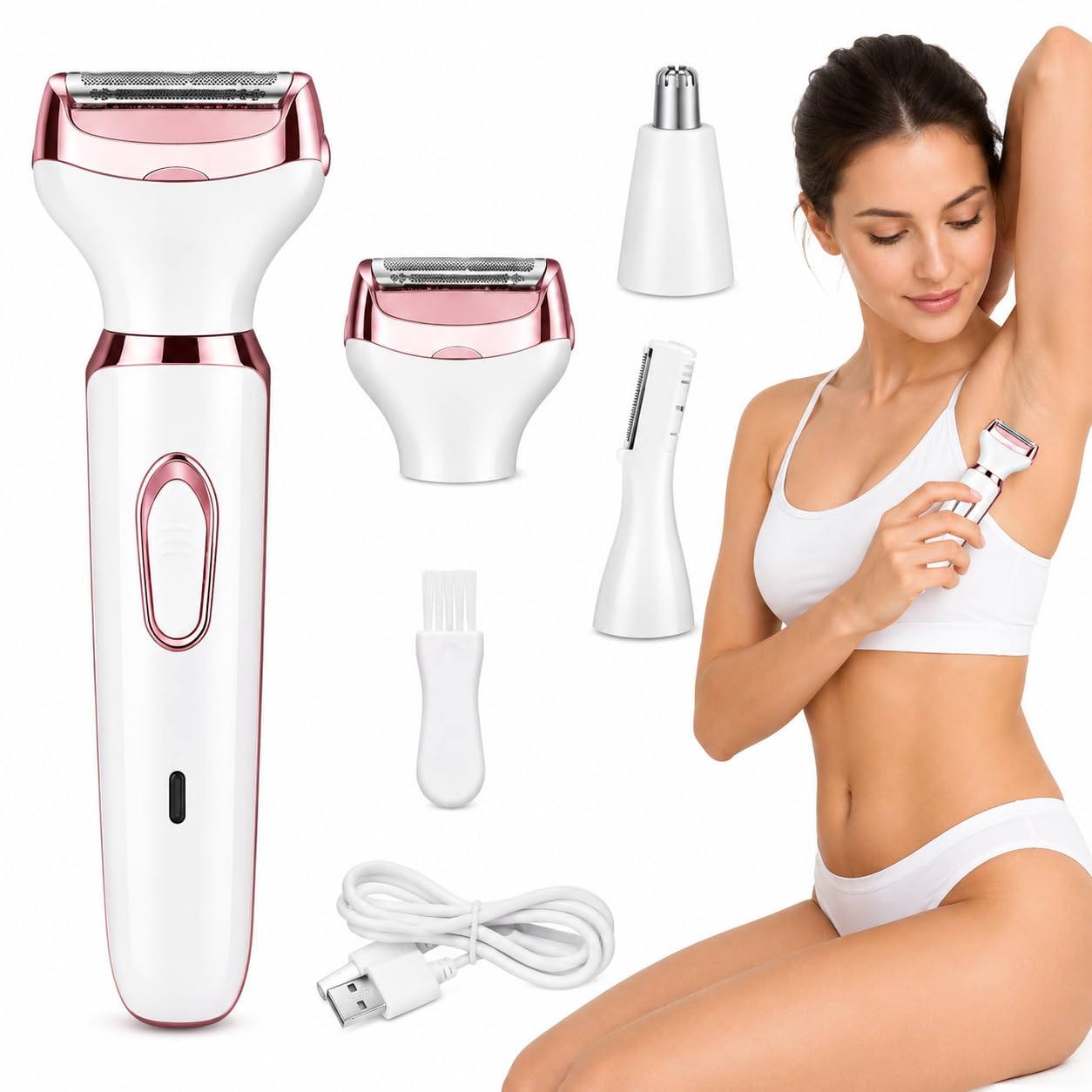 AJIGNA MART 6 in 1 Rechargeable Women's Epilator for Hair Removal with Shaver, Facial Trimmer, Bikini Trimmer, Nose & Ear Trimmer, Massage Head, Cordless Grooming Kit for Face, Body & Bikini-image-0