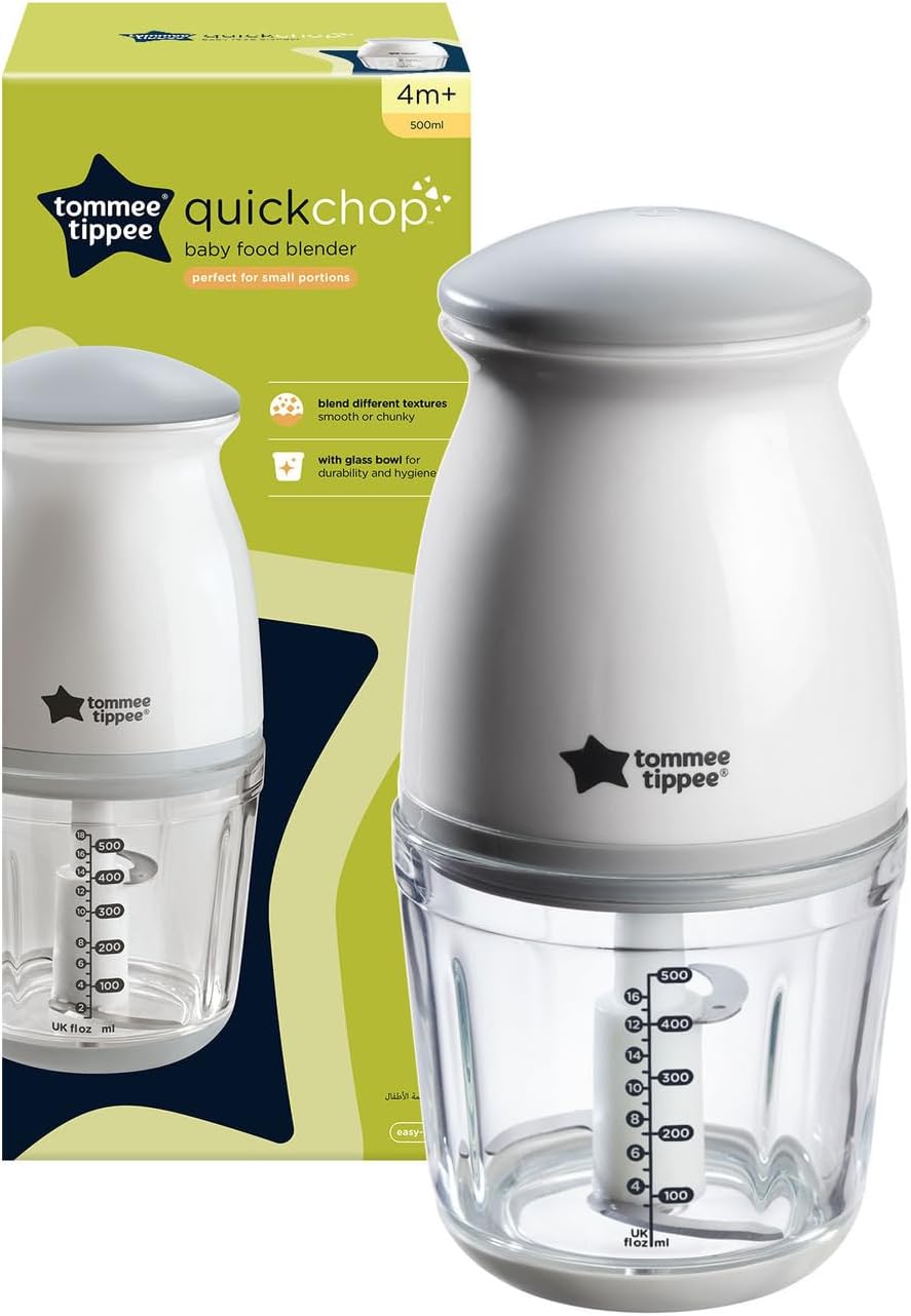 61MuaHvoPYL._AC_SL1500_ Tommee Tippee Quick-Chop Mini Baby Food Blender and Chopper for all Stages of Weaning, Durable Glass Bowl and Stainless Steel Blades, 500ml Capacity, 200W Motor, White and Clear, 1.0 count (447851)