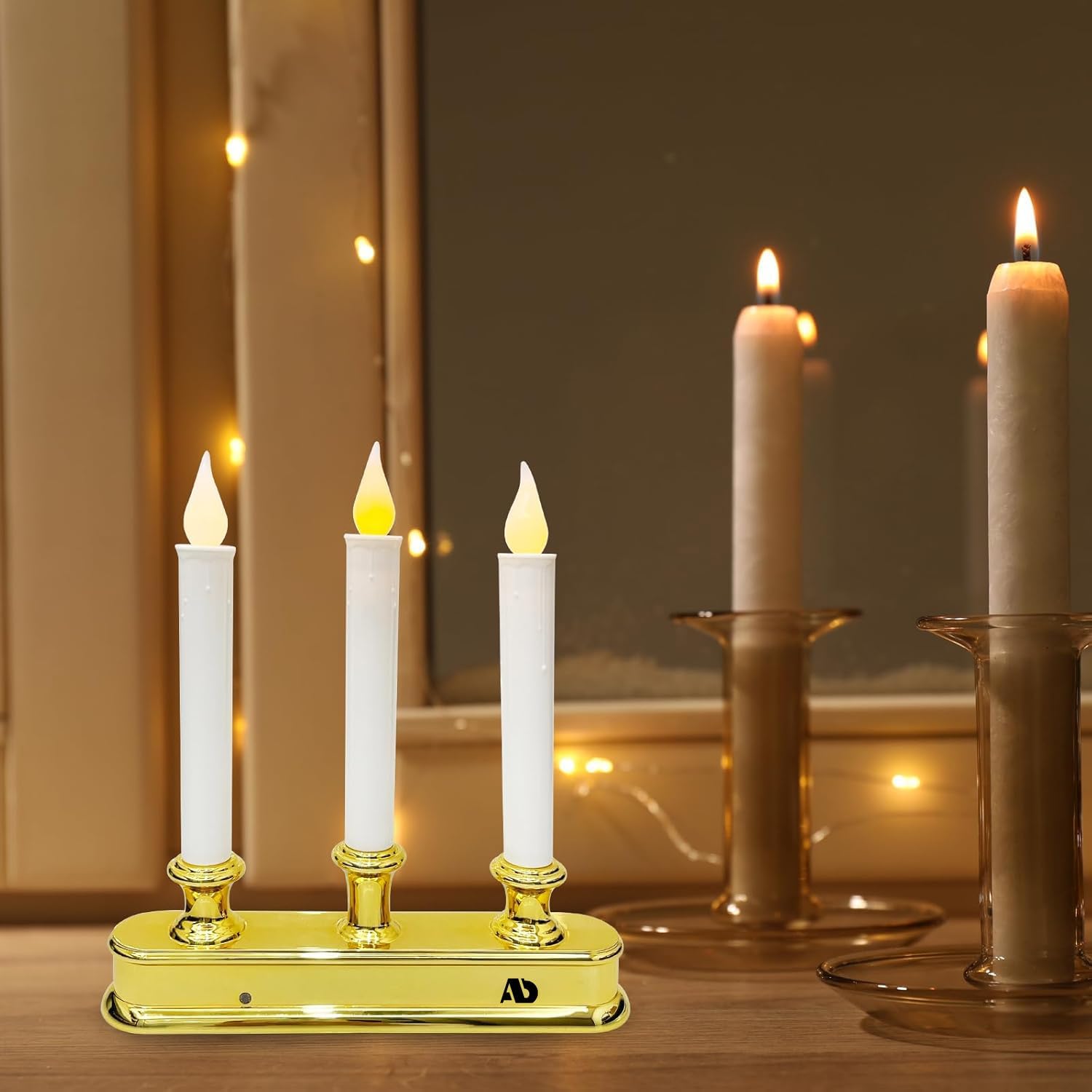 AD Window Candle Lamp with Golden Plated Base, 3 Lights Electric Candle Lights Christmas Window Candles
