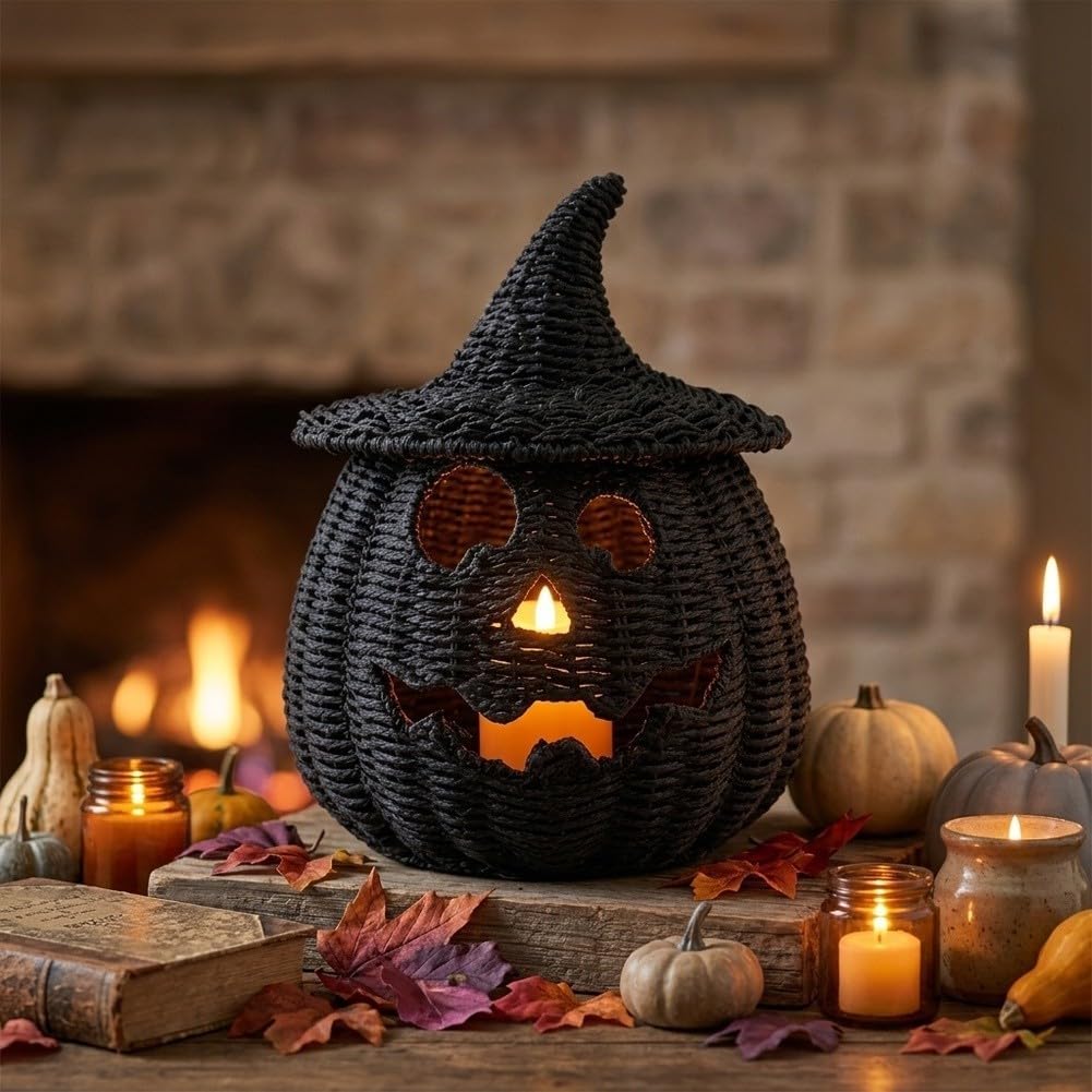 Lanterna di Halloween in tessuto di paglia con Jack-o-Lantern (zucca