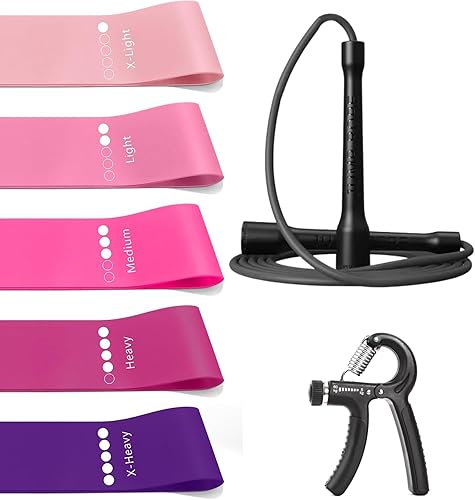 Paquete de energía de fitness 3 en 1 juego de 5 bandas de resistencia + cuerda de salto de velocidad + agarre ajustable para la mano, combo de