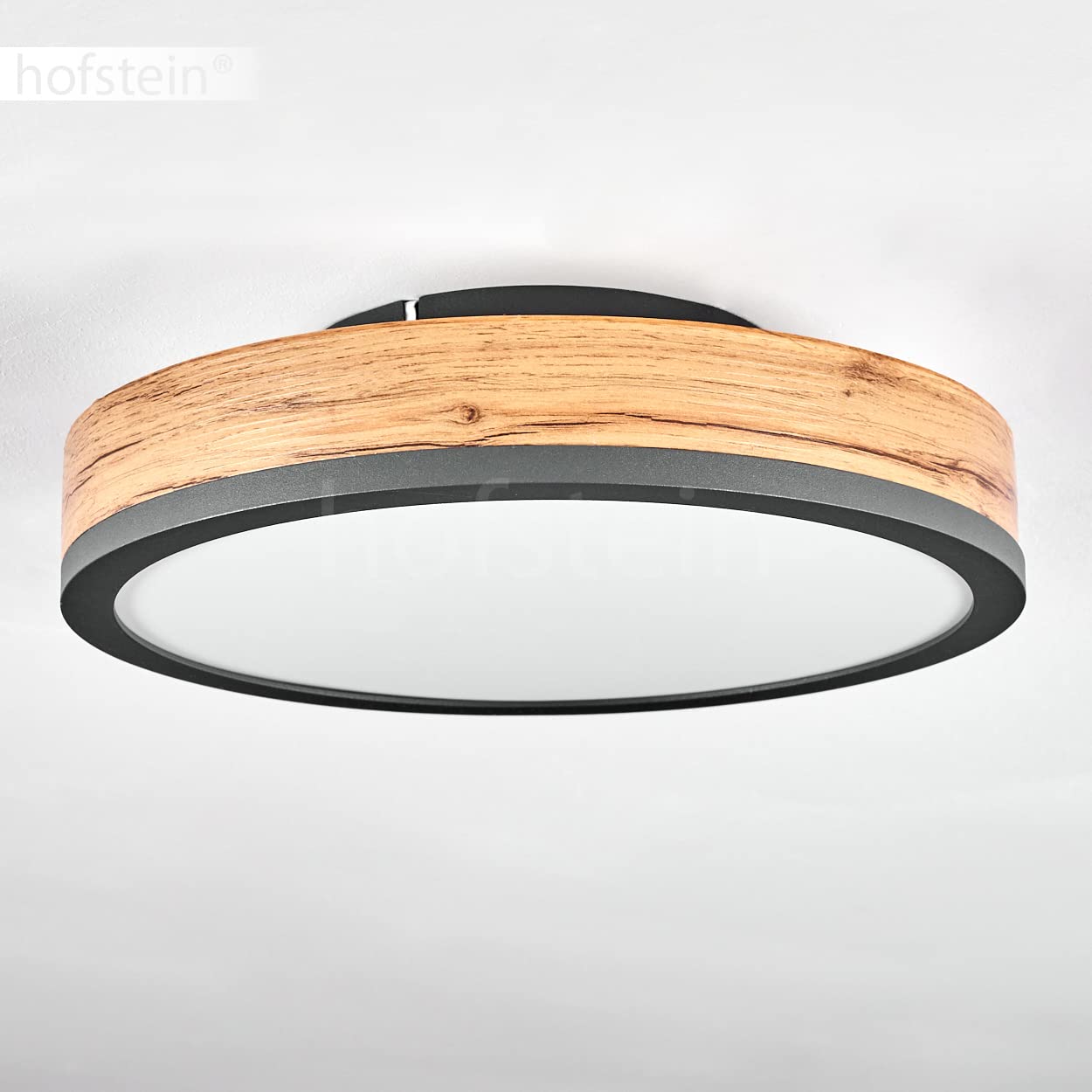 HOFSTEIN LED Deckenleuchte Salmi, Deckenpanel aus Metall/MDF/Kunststoff in Anthrazit/Holzoptik/Weiß, Leuchte im flachen Design, Ø 30 cm, 12 Watt, 950 Lumen, 3000 Kelvin, Esszimmer, Küche, Schlafzimmer