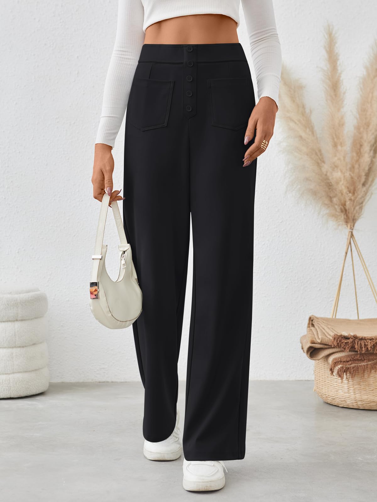 LILLUSORY Womens Casual Work Pants High Waisted Straight Leg Pant Business Dressy Trousers with Pockets