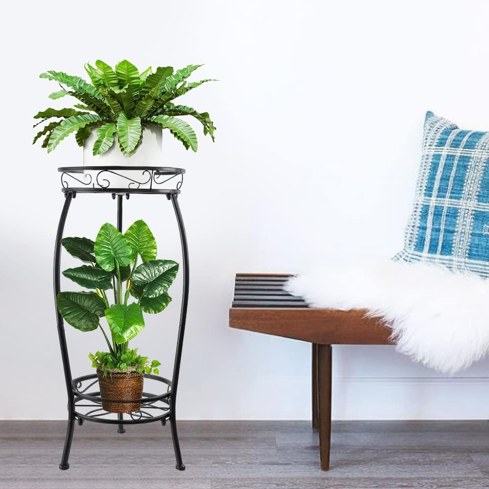 Plant Stand Indoor Outdoor 27.1'', 2 Tier Tall Metal Plant Stands, Heavy Duty Rustproof Corner Flower Potted Rack for Planter Holder Home Patio Balcony Garden -Black