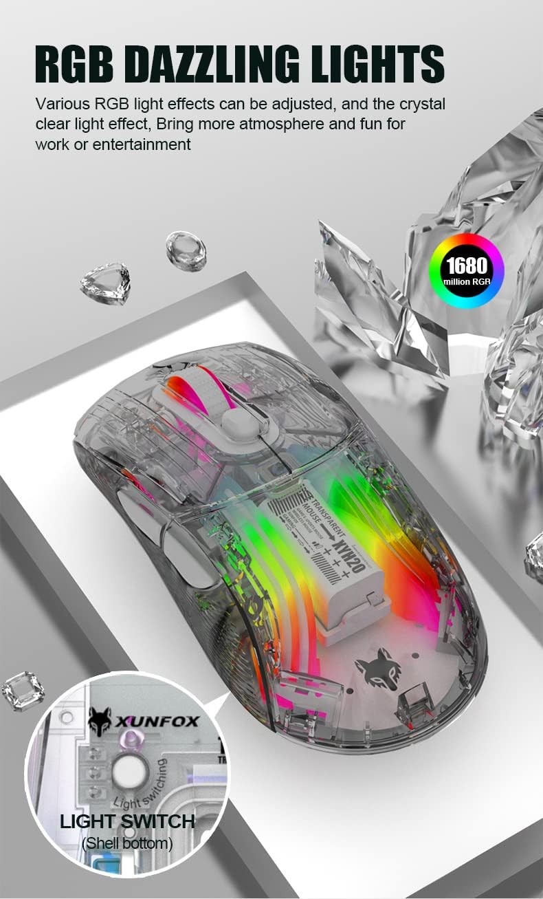 Bluetooth Wireless Mouse, Transparent RGB Mechanical Dual Mode Gaming Mouse, A Must-Have Cool USB Computer Mouse for Gaming and Esports