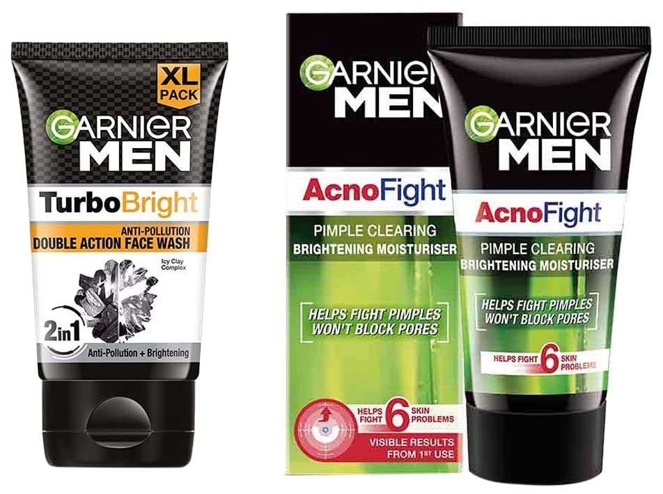 Image of Garnier Men, Face Wash, Brightening & Anti-Pollution, TurboBright Double Action, 150 g & Garnier Men Acno Fight Pimple Clearing Brightening Moisturizer, 45g