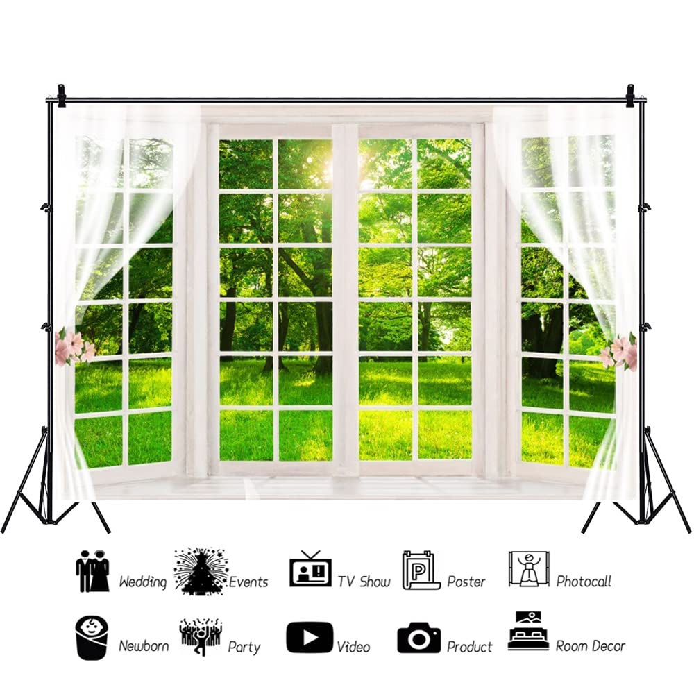 Renaiss 7x5ft Window Scenery Backdrop - Green Forest Garden Floral Blossom Photography Background For Newborn & Wedding