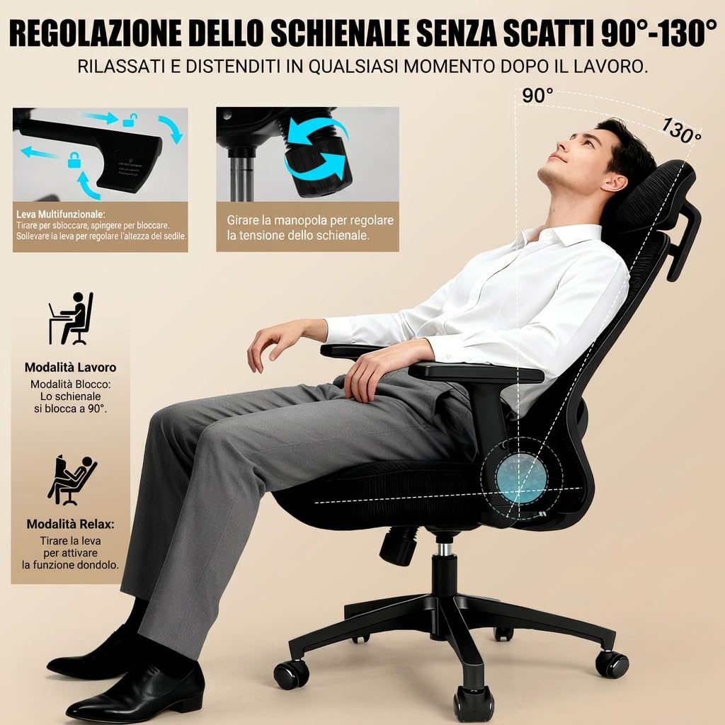 Sedia da Ufficio Ergonomica con Poggiatesta, Supporto Lombare e Braccioli Regolabili, Sedia da Scrivania PC in Rete, Reclinabile 90°-130° con Blocco a 3 Posizioni, Home Office, 150 kg, Nera