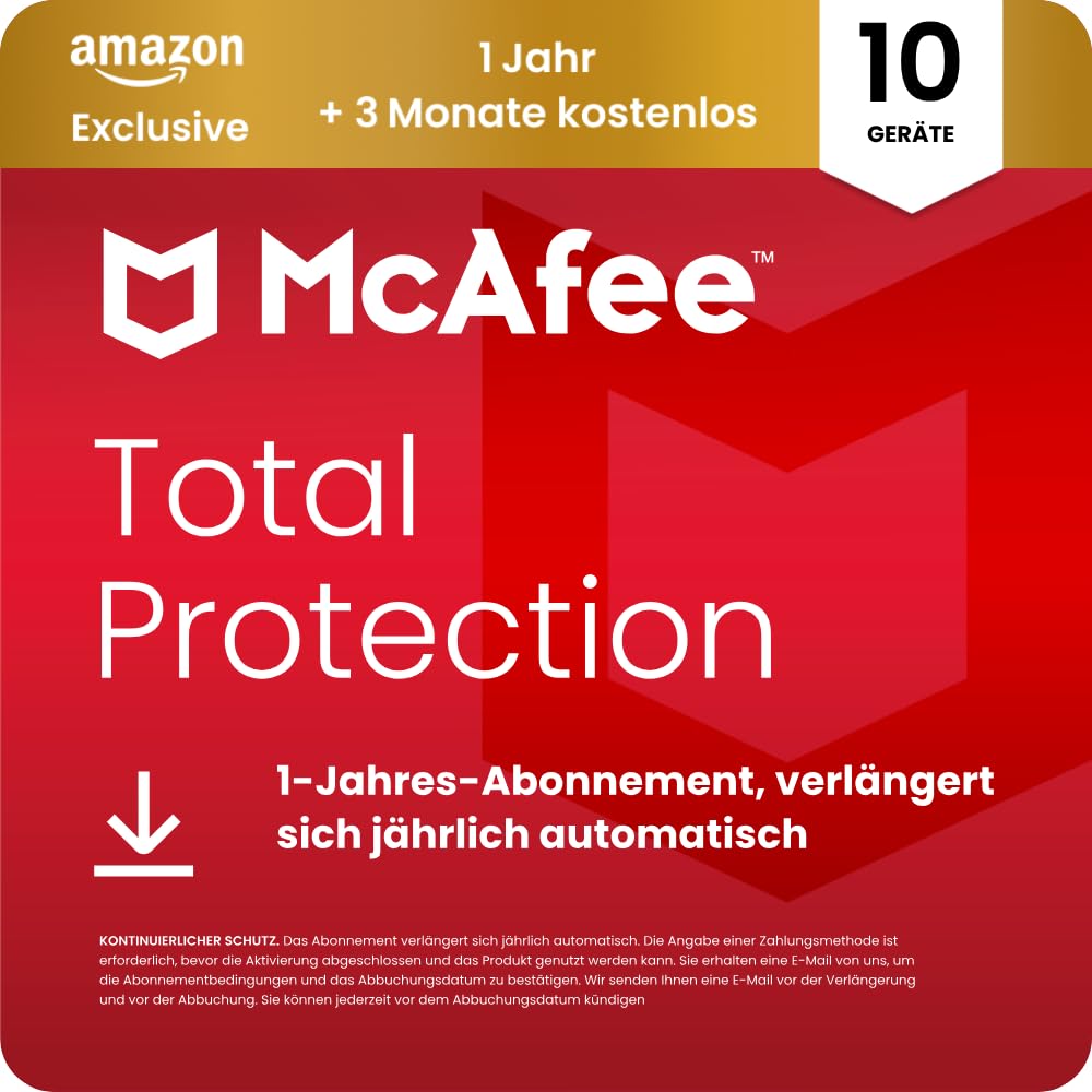 McAfee Total Protection 2026 (10 Geräte), 15 Monate Amazon Exklusiv | Virenschutz, VPN, Betrugsschutz, Sicherheitssoftware, Identitätsüberwachung | Abonnement mit automatischer Verlängerung | Download