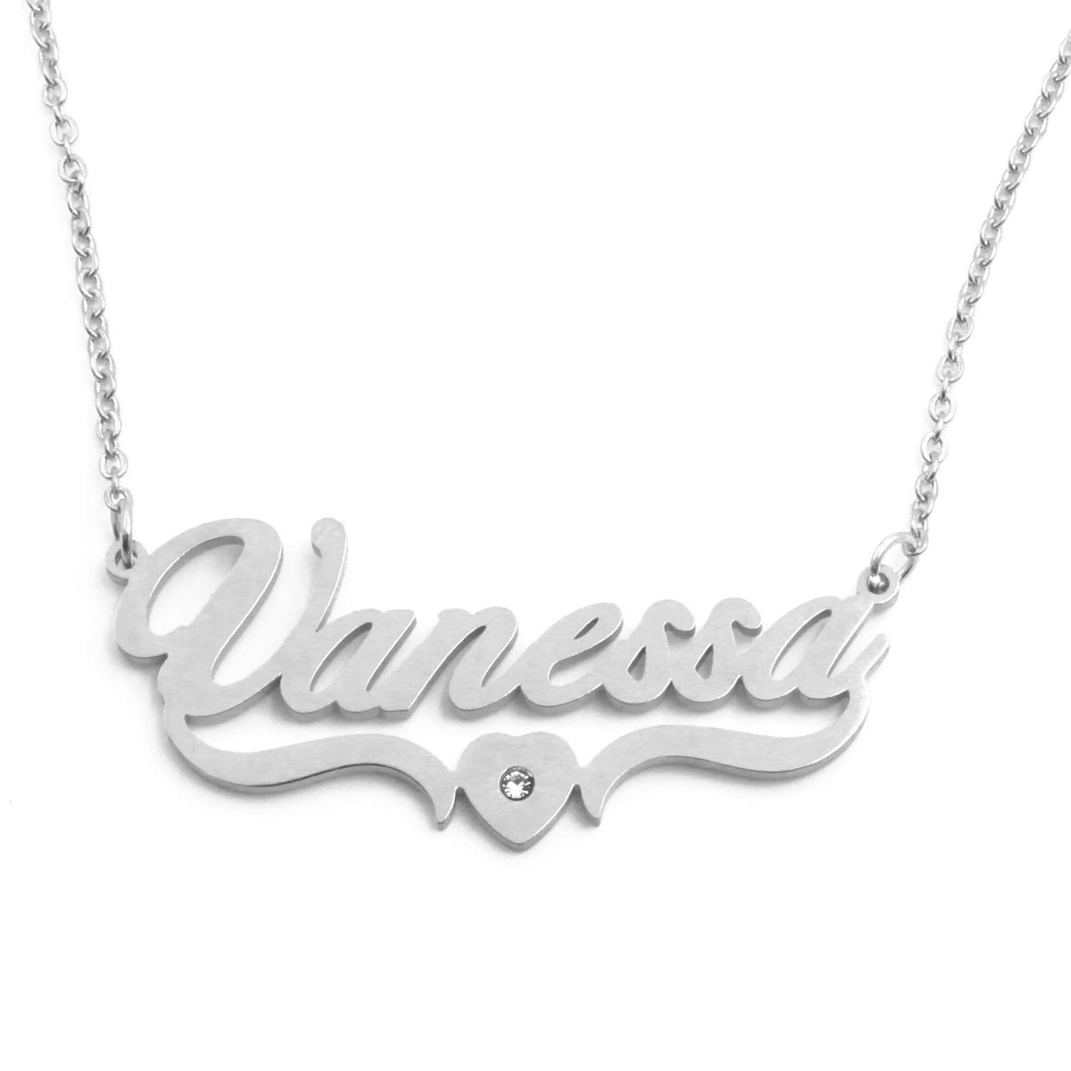 KiguVanessa Personalised Heart Shaped Name Necklace - Adjustable Chain - Silver Tone - Incl Gift Packaging