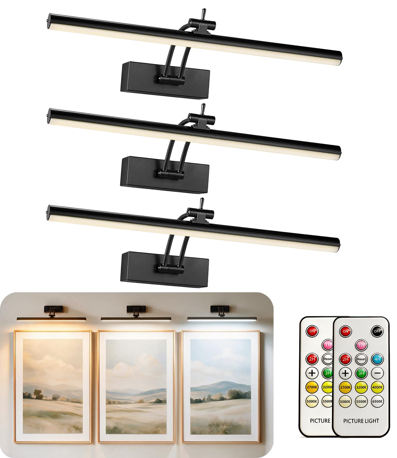 Yuichoy Lot de 3 lampes murales pour tableau mural sans fil de 40,6 cm pour peinture avec télécommande, intensité variable, 5200 mAh, noir