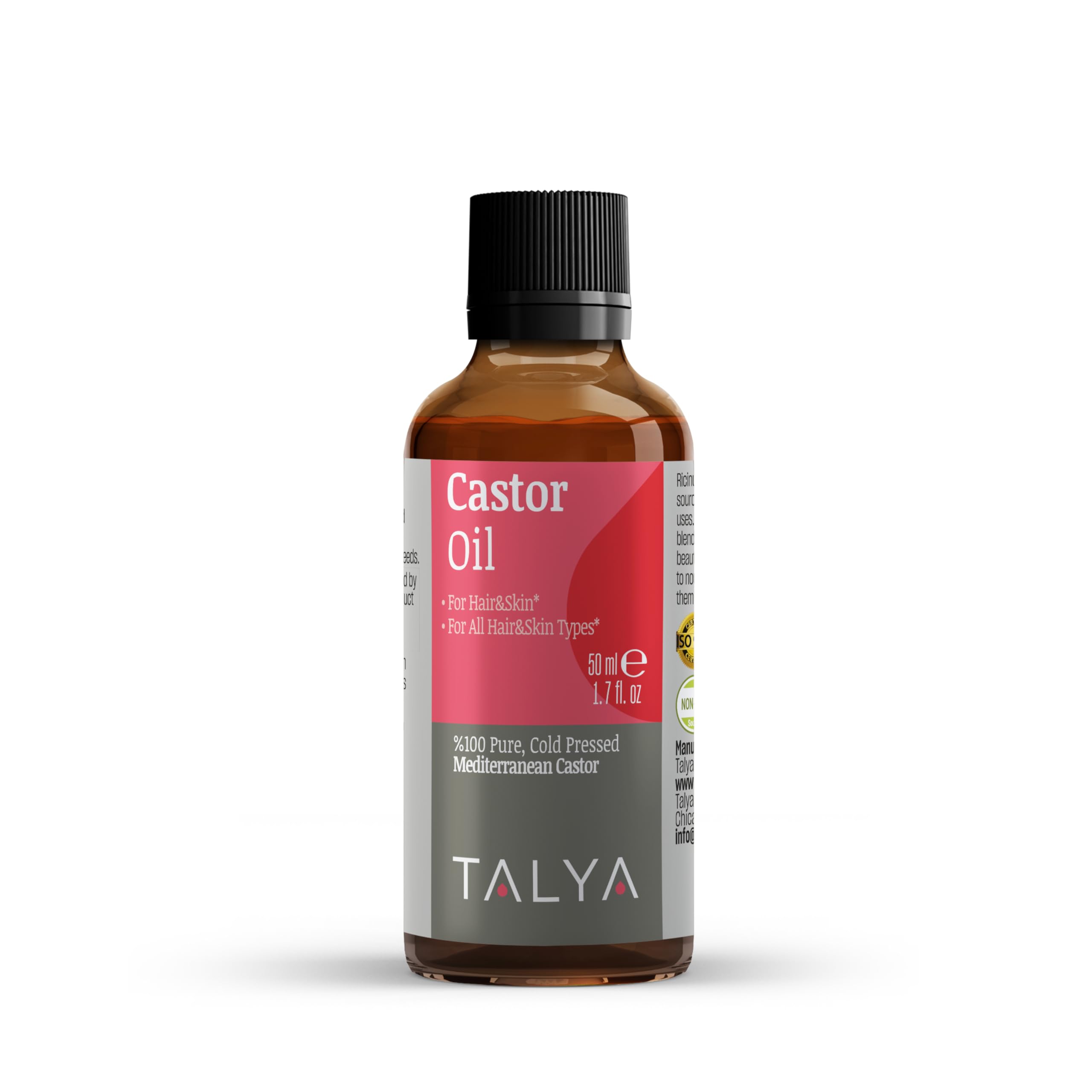 TALYA Castor Oil 1.7 oz (50 ml) - Cold Pressed - Boost Hair Growth - Growth for Eyelashes, Eyebrows - Moisturizing Massage Oil for Aromatherapy - Vegetarian, Non-GMO, Gluten Free