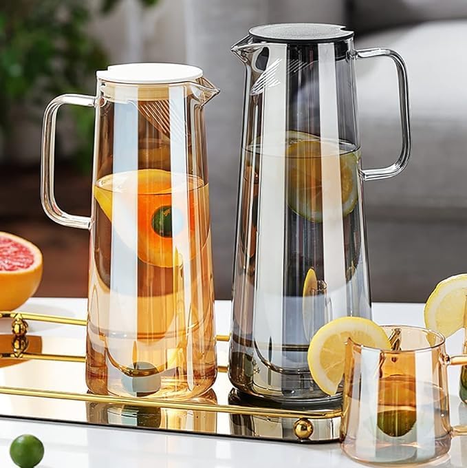 Image of Wringo Premium Black Glass Waters Jugs - 1.8 LTR, (Set of 1) Transparent, Hot Cold Water Glass Pitcher with Steel Lid Water Jug, Iced Tea, Milk and Juice Beverage Carafe, Lemon Jug 1800ML (WQ-10)