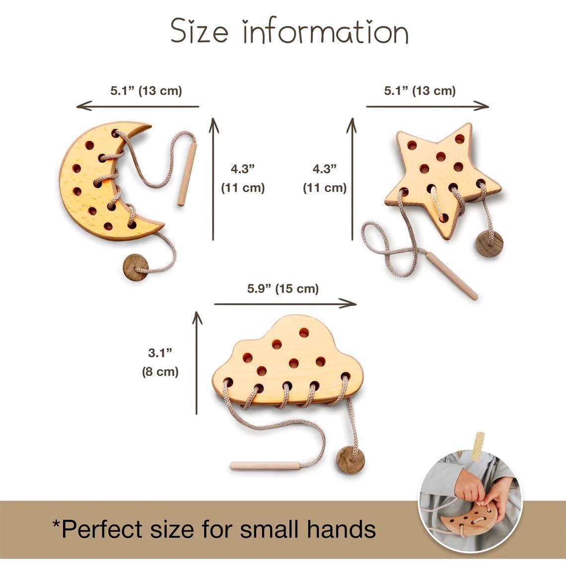 ANAIZA Wooden Lacing Toy for 2 Years Todller Skills Development Toy for Toddlers Montessori Materials for Learning Sewing Kit for Kids Montessori Toys (Beige, Moon,Star,Cloud) 1