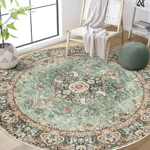 Castage Green Round Area Rugs 5.9ft Large Circle Area Rugs for Bedroom Living Room Dining Room Washable Boho Vintage Bohemian Oriental Floral Pattern Non Slip Sage Green