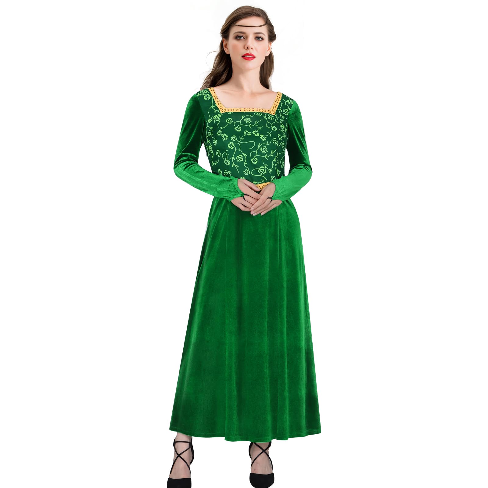 Funhoo Vestido de Fiona para mujer, disfraz de princesa verde, vestido de una sola pieza, vestido de terciopelo de manga larga, disfraz de Halloween, cosplay, fiesta