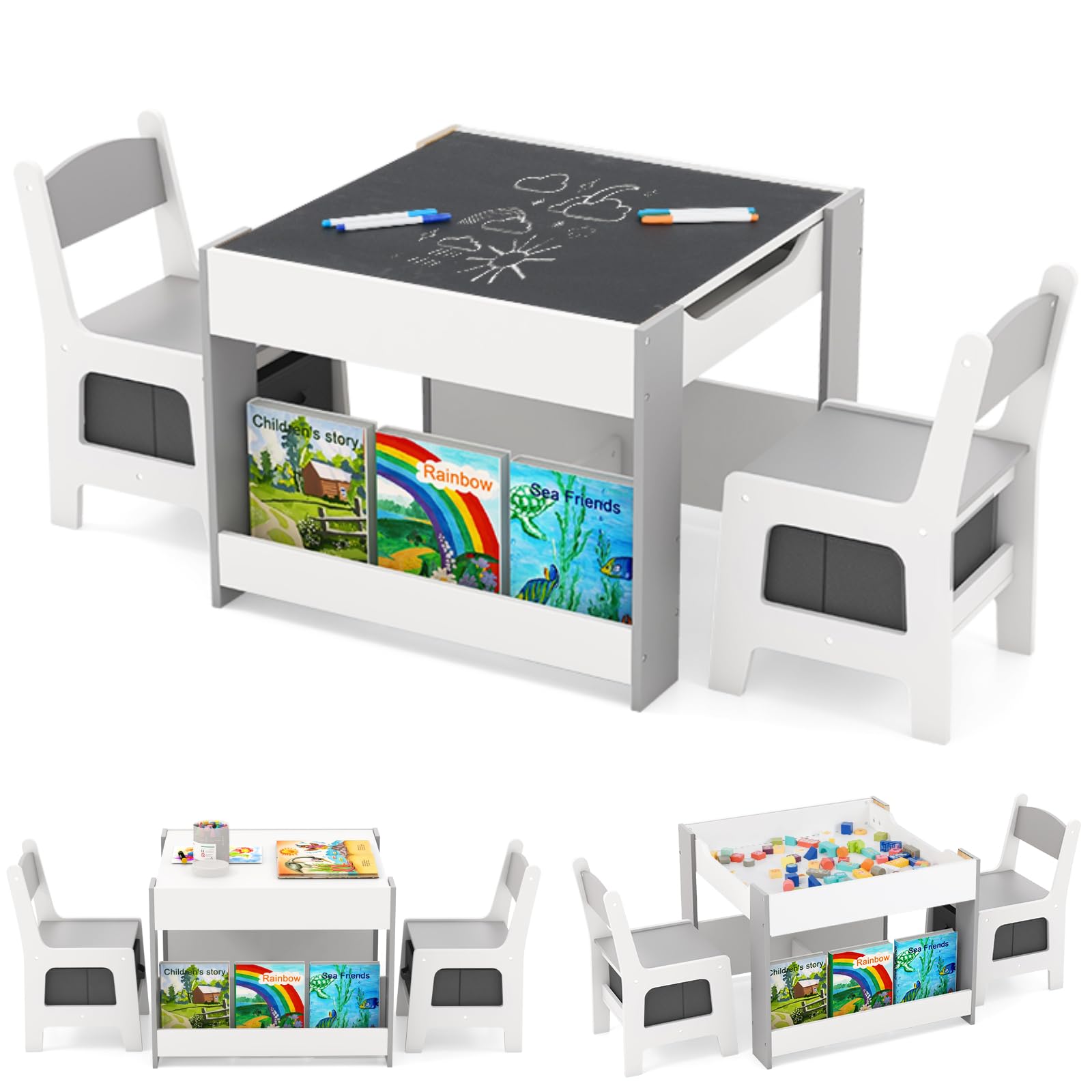 GYMAX Kids Table and Chairs Set, 4 in 1 Children Activity Desk with 2 Chairs, Reversible Tabletop, Bookshelves and Storage Bins, Wooden Toddler Table Set for Boys Girls (Grey, 61x61x48cm) — image 1