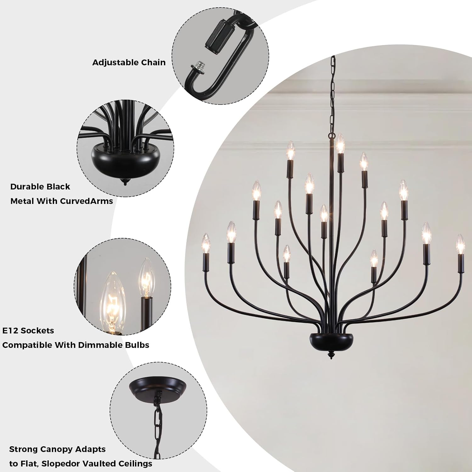 Farmhouse Chandelier for Dining Room, 15-Light Black Branch Chandelier, 37.4" Candle Style Modern Large Hanging Light Fixture for Living Room, Foyer, Entryway, High Ceiling Staircase
