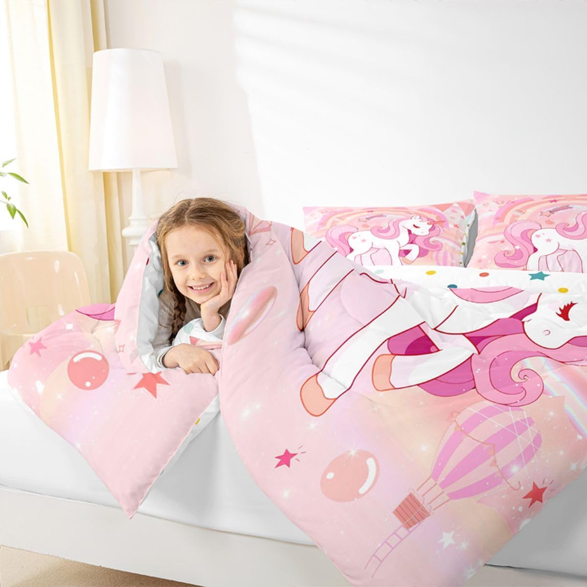 Erosebridal Unicorn Bedding Set for Girls Full Kawaii Rainbow Unicorn Comforter Set Bedroom Decor for Girls Kids Cartoon Horse Duvet Set Ombre Stars Quilt Comforter Pink 3 Pcs