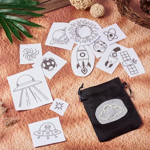 Image of Magibeads 68 Patterns Space Theme Water Soluble Embroidery Patterns Rocket Planets Astronauts Stick and Stitch Transfer Embroidery Paper for Adult Beginners Hand Sewing Starter Kit