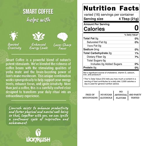 Miniatura 3 de Lion Rush - Café Yerba Mate con hongo melena de león - Tostado oscuro molido mejorado - Aumenta la energía, la concentración y la creatividad - Bajo