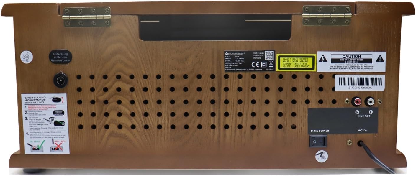 posterior view of the Soundmaster NR566BR showing power input, antenna, and line out ports