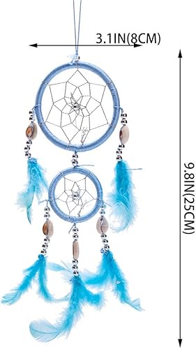 Miniatura 3 de Atrapasueños azul tradicional de 12 pulgadas con plumas para colgar en la pared o el automóvil, 2 círculos