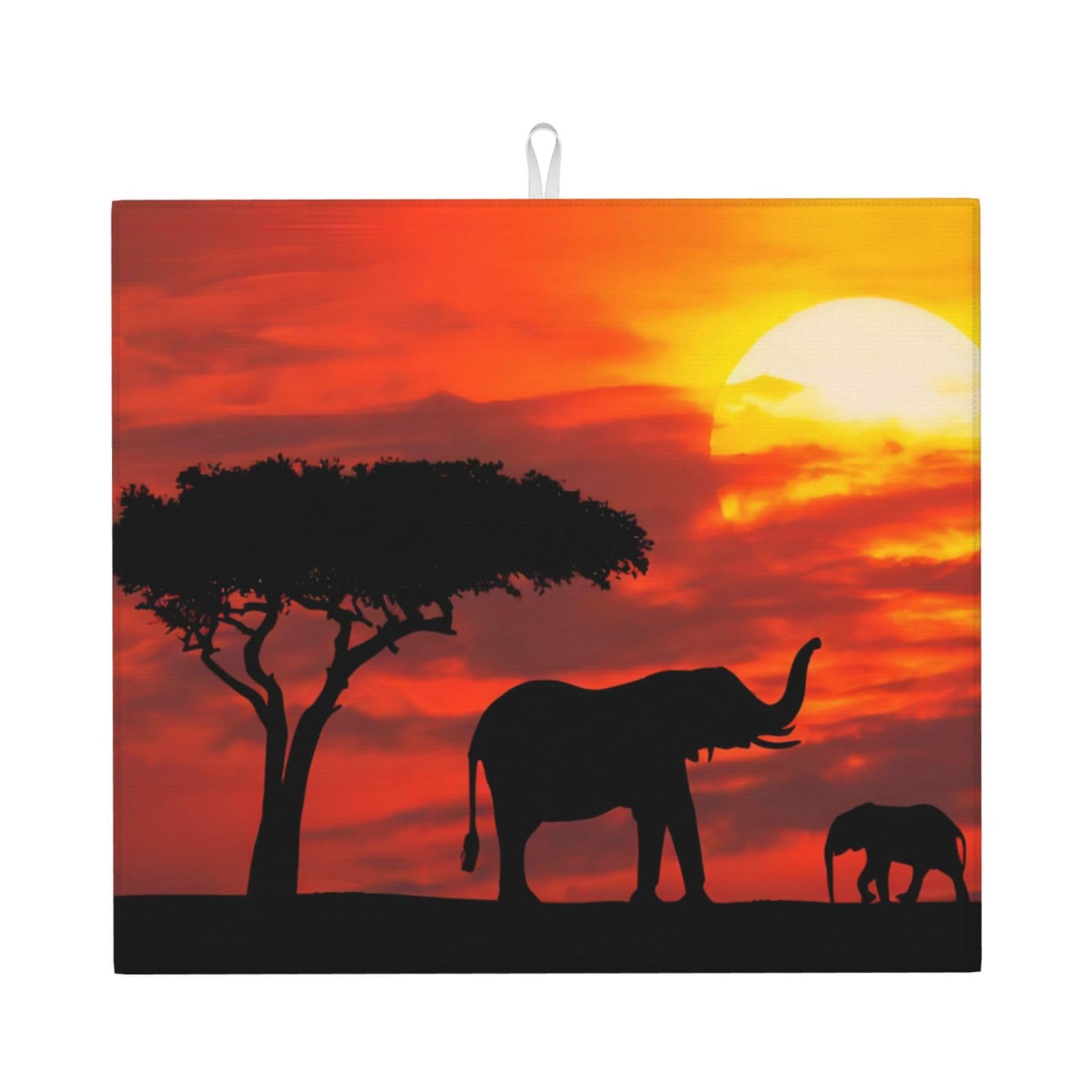 Yyhwhjde Black Elephant Sunset Prints Kitchen Drying Mat – Absorbent Dish Throw For Countertop, Non-Slip Layer With Vibrant Prints, Ideal For Housewarming