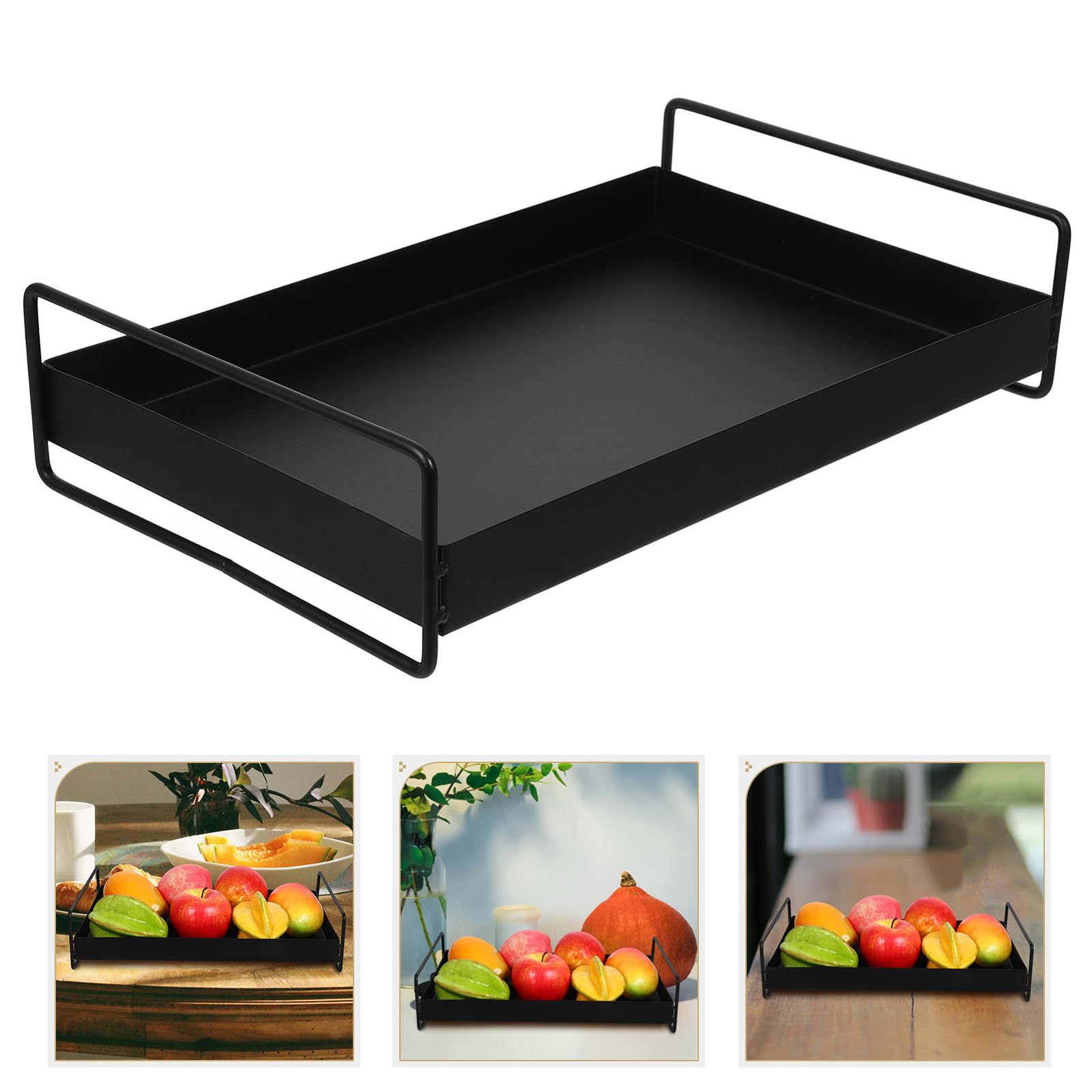 Mipcase Bandeja Metálica Rectangular para Servir con Asas Bandeja para Fruta y Aperitivos Plato Decorativo Negro para Mesa de Centro y Joyero 1 Unidad