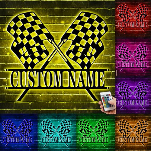 Custom Start Finish Racing Flag Metal Wall Sign with LED Light Personalized Race Checkered Flag Name Sign Christmas Birthday Home Decor Gift for Boy Men Boyfriends Racer