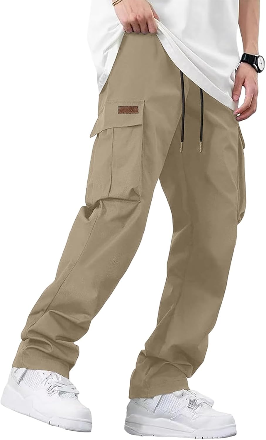 WENKOMG1 Men's Cargo Pants, Casual Outdoor Hiking Tactical Drawstring Work Pants with Pockets, M-3XL