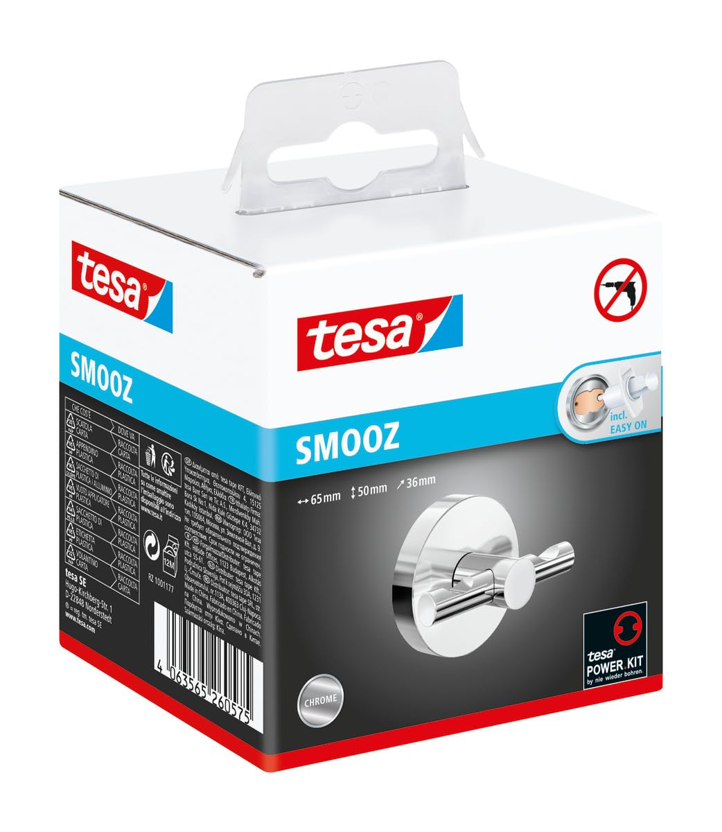 tesa SMOOZ Bathrobe Hook - No Drill Adhesive Hook for Hanging Bathrobes and Towels - Stainless - Waterproof - Includes Removable Glue Solution - 63 mm x 50 mm x 50 mm