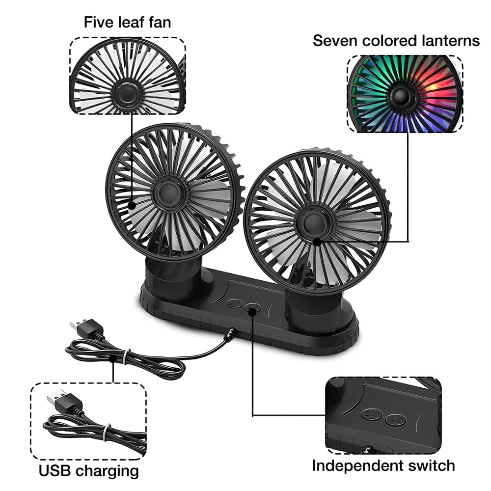 NAVESO Wentylator samochodowy 12/24 V, podwójna głowica USB, 3 prędkości, kolorowe światło, ładowanie, przenośny, 360°, do kampera, SUV, RV, ATV, ciężarówki