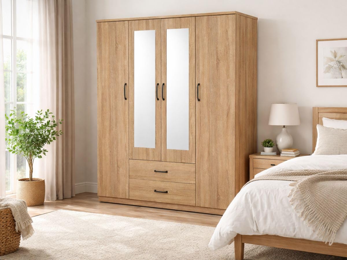 Armoire Valentina 4 Portes avec Penderie, Étagères et 2 Tiroirs, Rangement pour Chambre, Blanc/Chêne/Bois Grisé (Chêne)