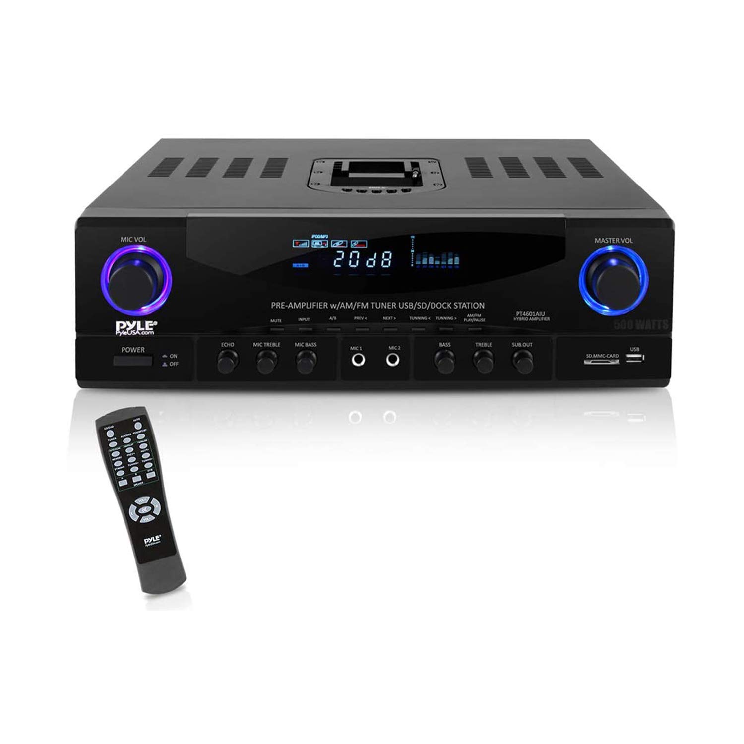 PyleHome PT4601AIU 500W Stereo Receiver AM-FM Tuner/USB/SD/iPod Docking Station and Subwoofer Control