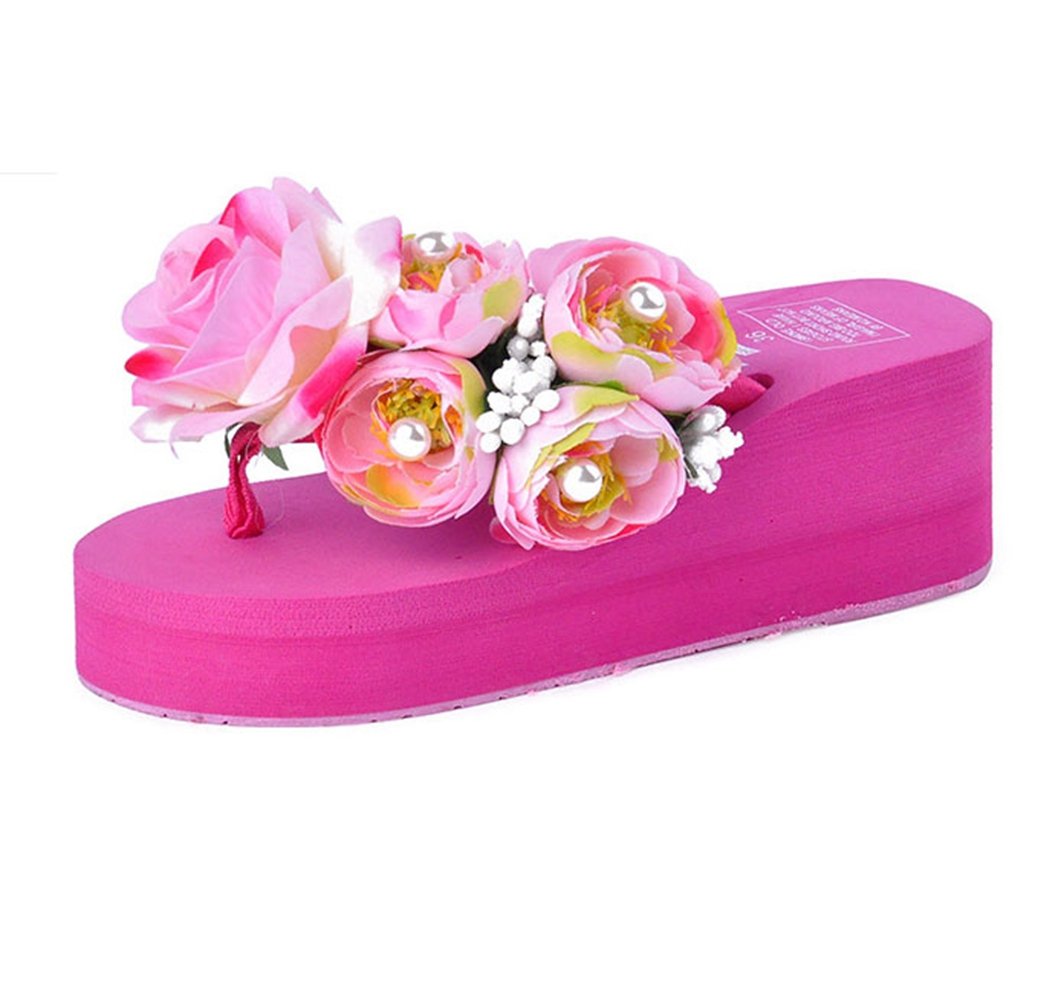 Womens Platform Wedge Flip Flops Sandals Man-Made Pearl Floral Anti-Slip Summer Thongs Slippers