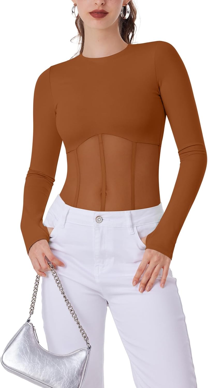 REORIA Women's Trendy Sexy Crew Neck Thumbholes Long Sleeve Sheer Mesh Going Out Bodysuit Tops - Image 5