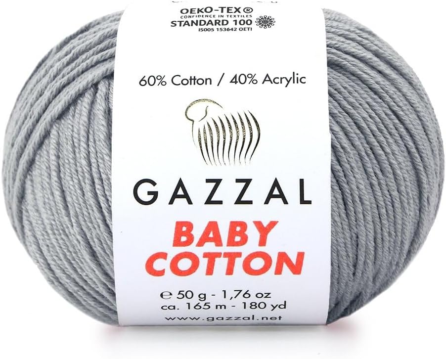 3 Pack (Skein) Gazzal Baby Cotton, 60% Cotton 40% Acrylic, Each Ball 1.76 Oz (50g) / 180 Yards (165m), DK- Worsted, Knitting Yarn, Amigurumi Yarn, Baby Yarn, 3430