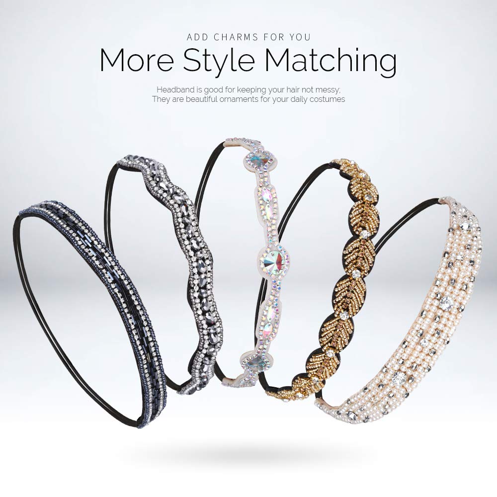 Teenitor 5Pcs Elastic Rhinestone Beaded Headbands, Jeweled Head Bands for Women's Hair, Hair Headbands Hat Bands for Women Girls - Image 5
