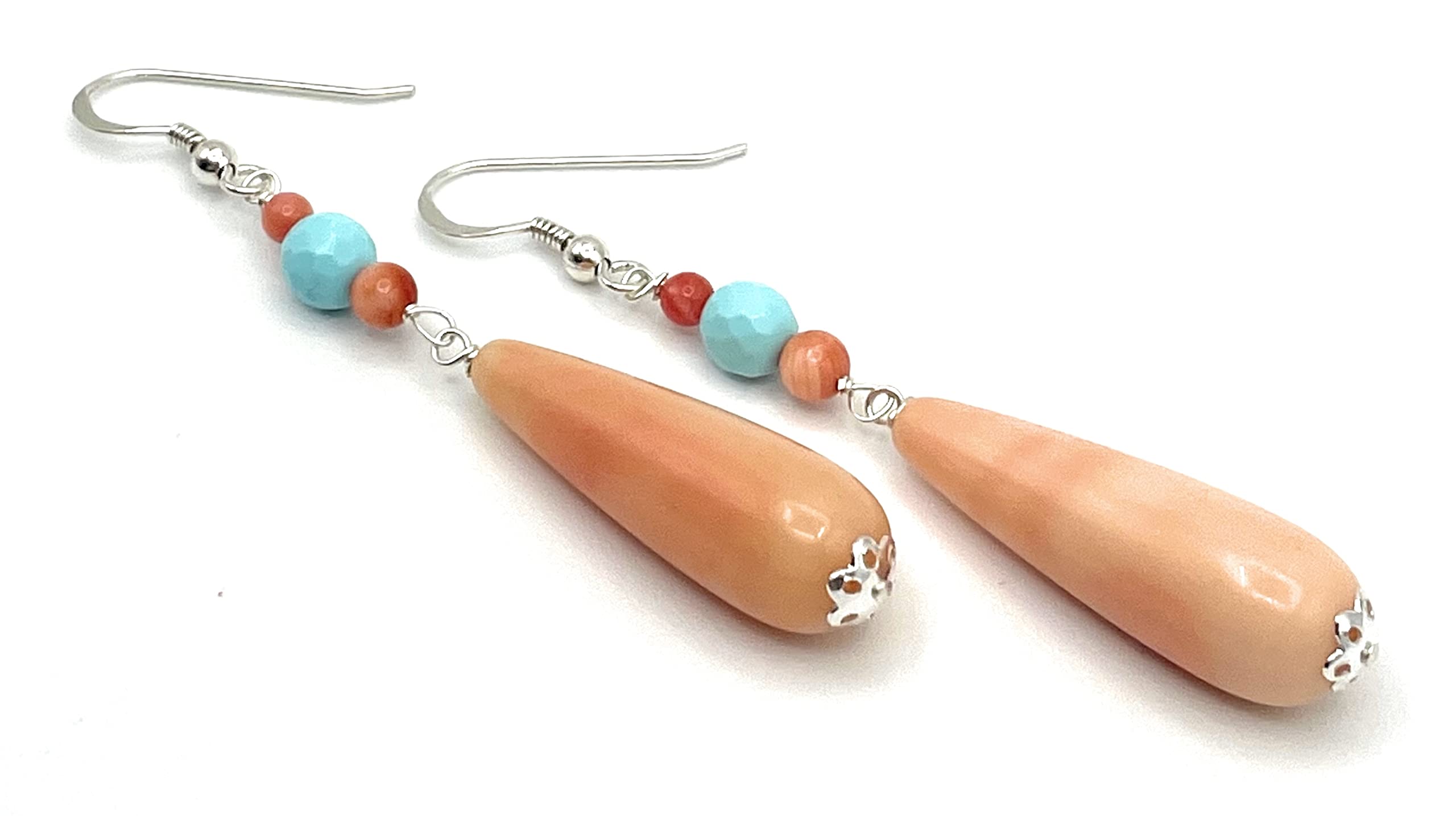 Pendientes Colgantes Largos de Plata 925 y Lagrimas Rosas Coral y Turquesa, Joyas Artesanales, Regalo para Mujeres