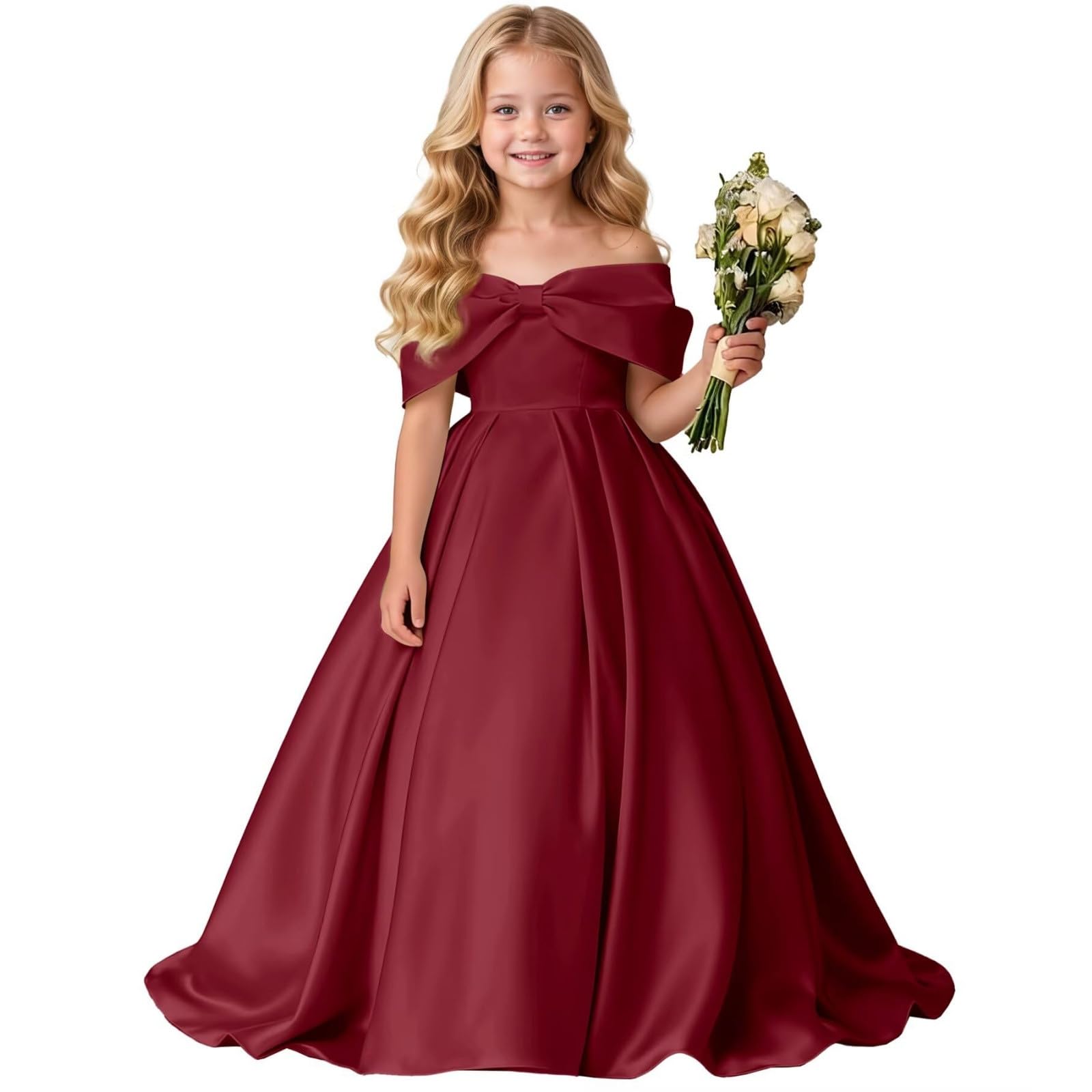 Vestido NiñA Elegantes, Vestido NiñA Ceremonia Lunares, Vestidos De Fiesta Largo hasta El Suelo Color Liso con Hombros Descubiertos Y Un Gran Lazo Mayores Dresses Summer Dress Dress Vestidos Verano